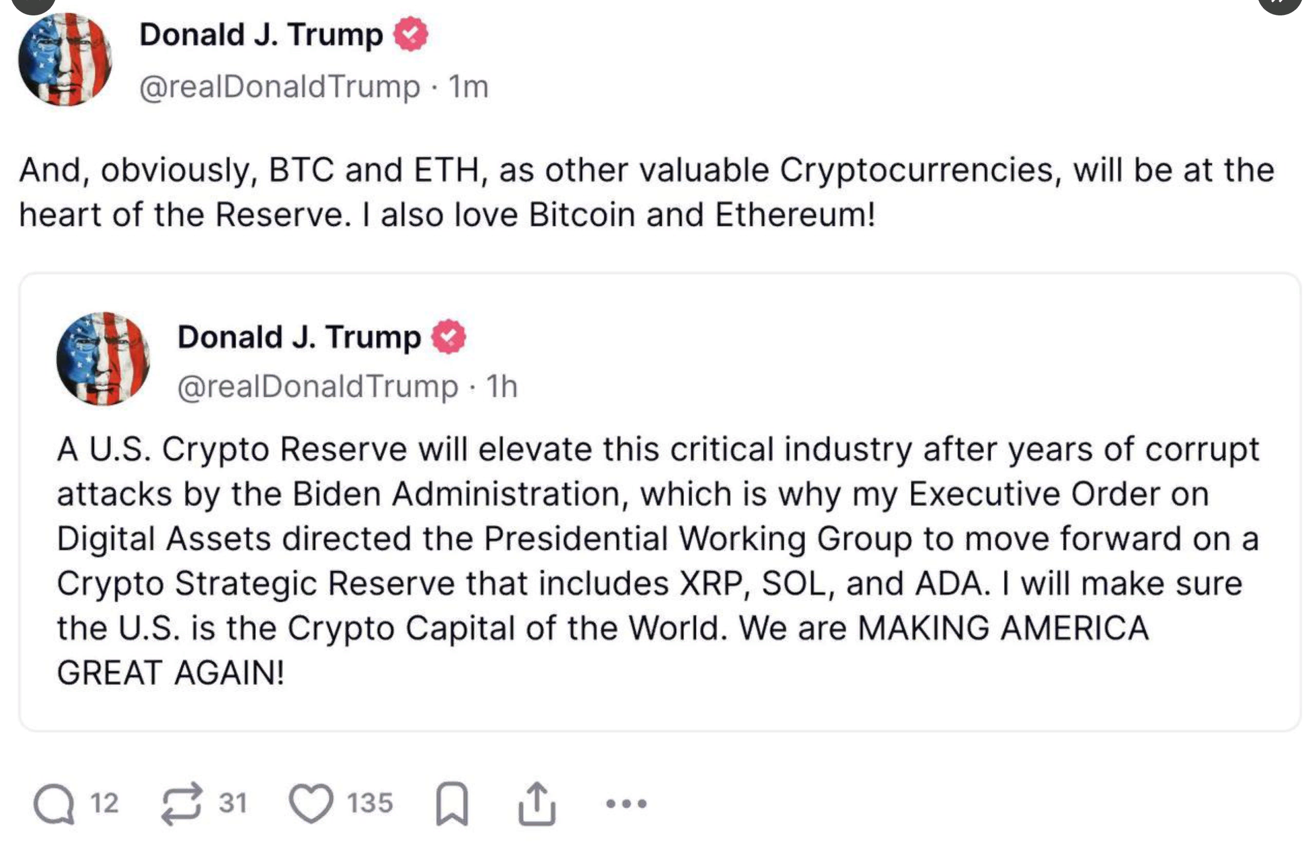 Юзеры анализируют обещание Трампа включить альты в госрезерв США