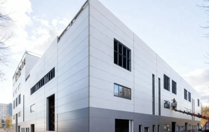 Фасады промышленного парка в районе Люблино облицуют тончайшими панелями из металла